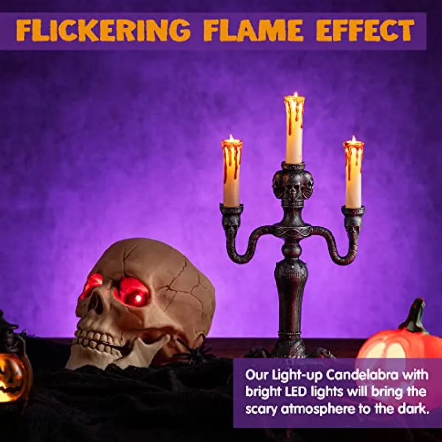 2 Pcs Skull Candelabra Halloween Decor LED Candle Holder