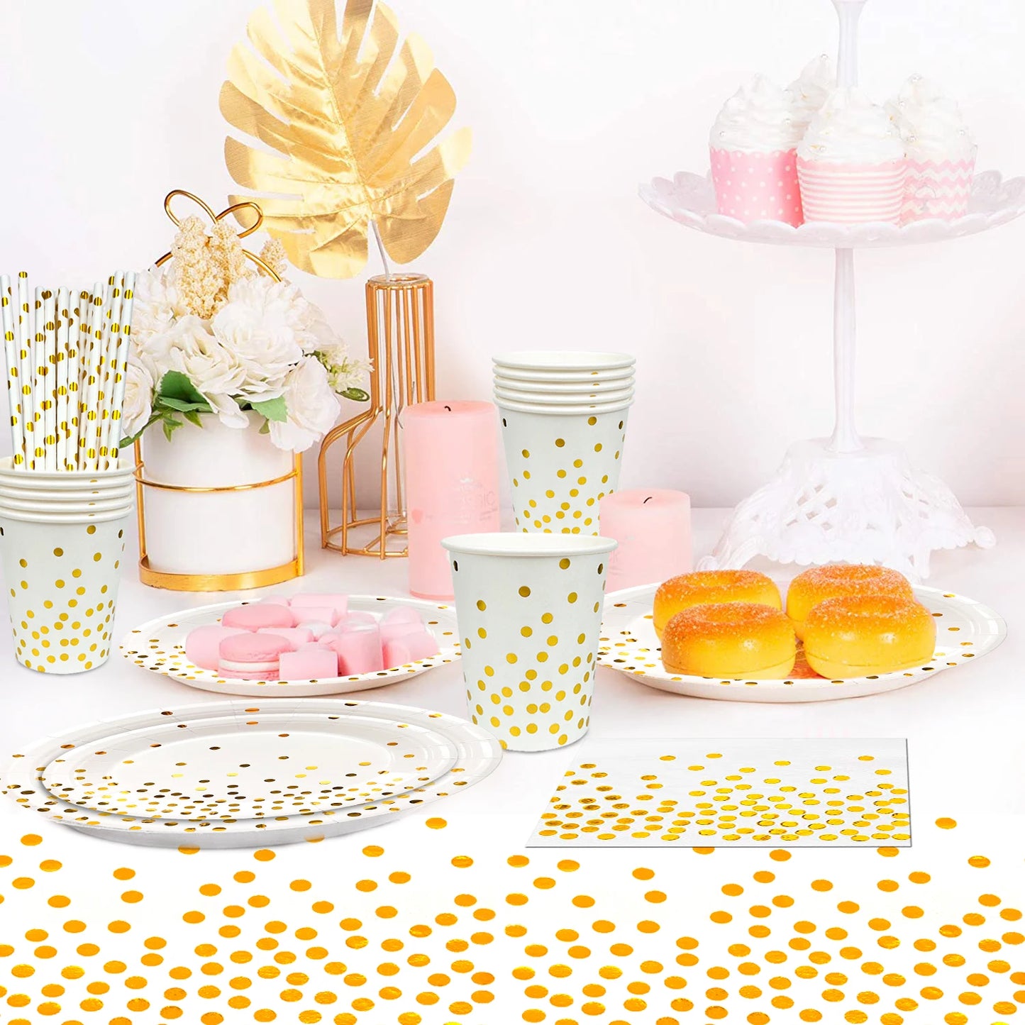 White And Gold Disposable Dishware Set 121pcs Cups Napkins