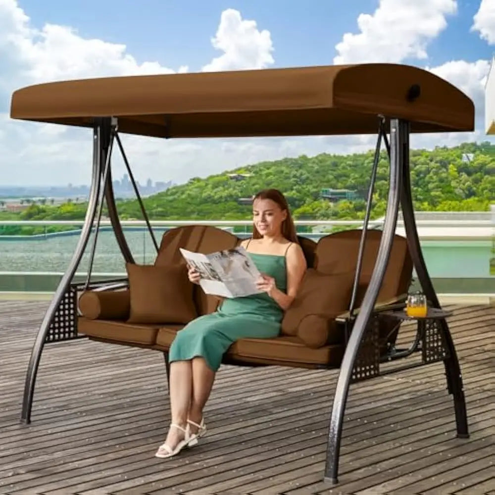 3 in 1 Outdoor Porch Swing With Adjustable Canopy 3-Seat Thick Cushions Pillows Cup Holders Heavy Duty Alloy Steel Frame 750 Lb Capacity