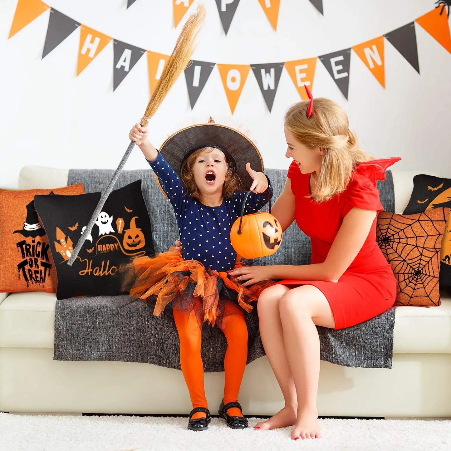 Four Pack Halloween Pillow Covers Orange Black Linen