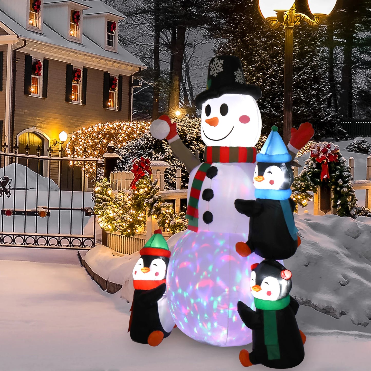 6ft Inflatable Snowman With 3 Penguins And 4 Light Strings