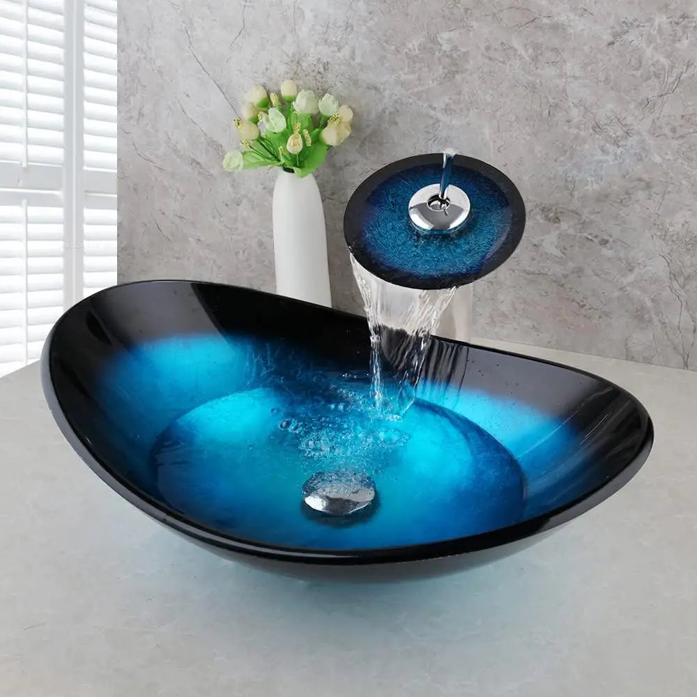 ZAPPO Tempered Glass Vessel Sink With Waterfall Faucet Blue