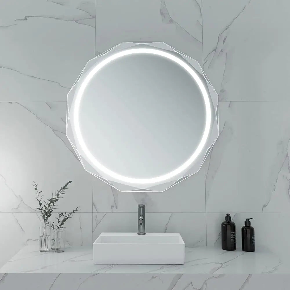 Round LED Bathroom Mirror Beveled Edge Mount Anti Fog Silver