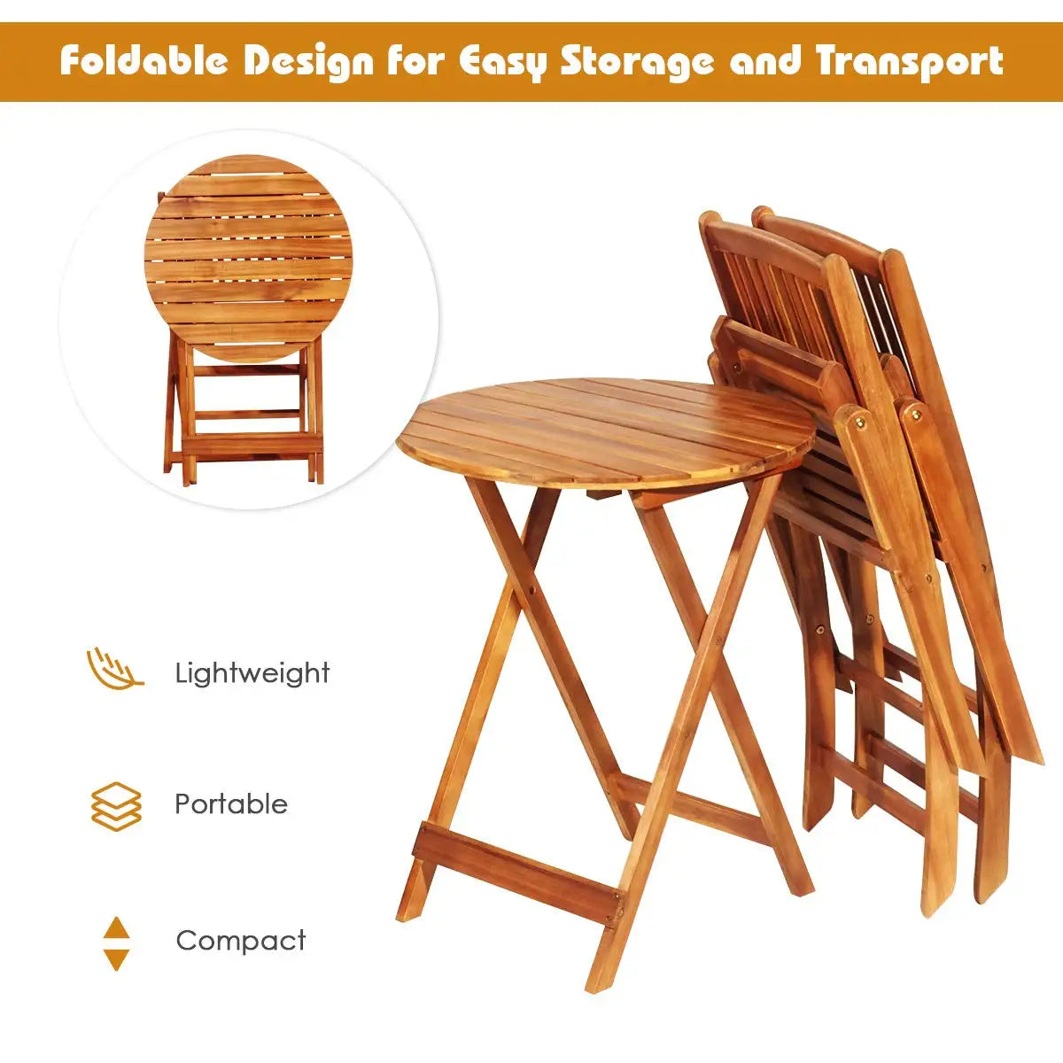 3 Piece Patio Bistro Set Acacia Wood With Folding Round Table Cushions Outdoor