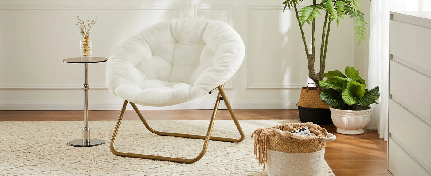 JHK Cozy Saucer Chair Faux Fur Folding Thick Padded Seat Lounge Metal Frame