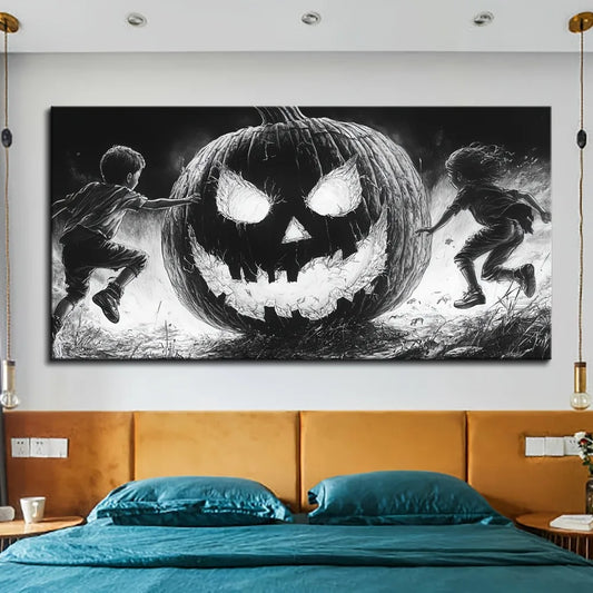 1.5 Inch Thick Pine Solid Wood Frame Canvas Mural Vintage Pumpkin Field Ghost
