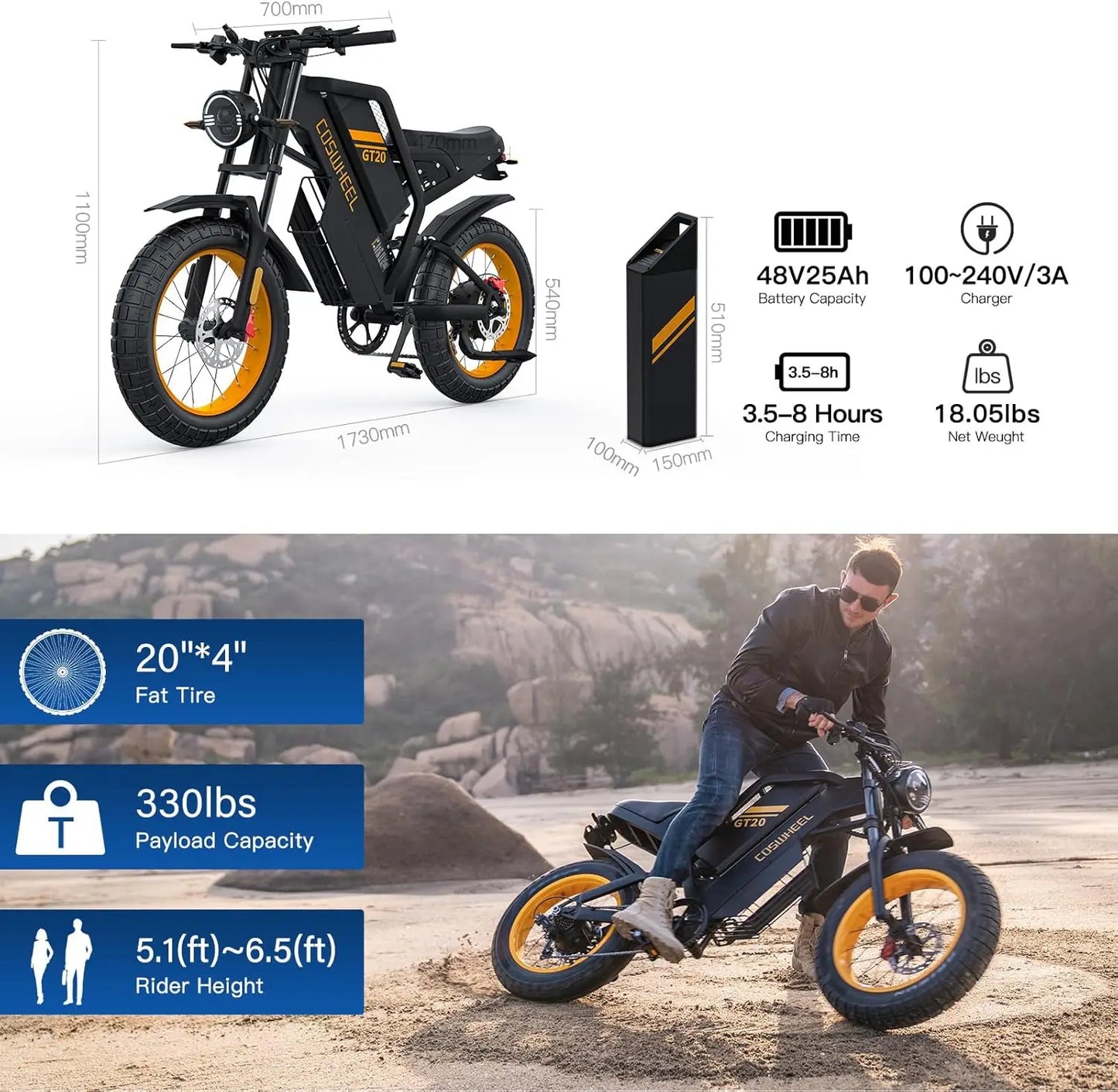 Coswheel Electric Bike Dual Motor GT20 Pro 3000W 48V 40AH Mountain Off Road Fat Tire Ebike