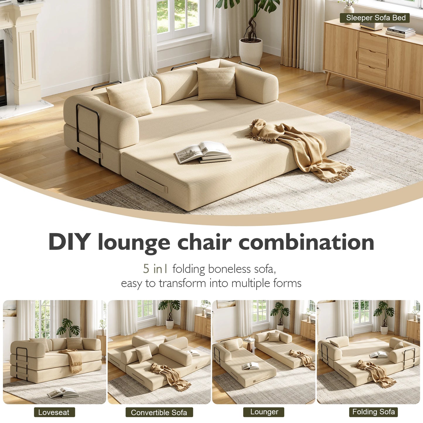 Convertible Floor Sofa Bed With Fixed Shape Frame 5 In 1 Living Room Sofa