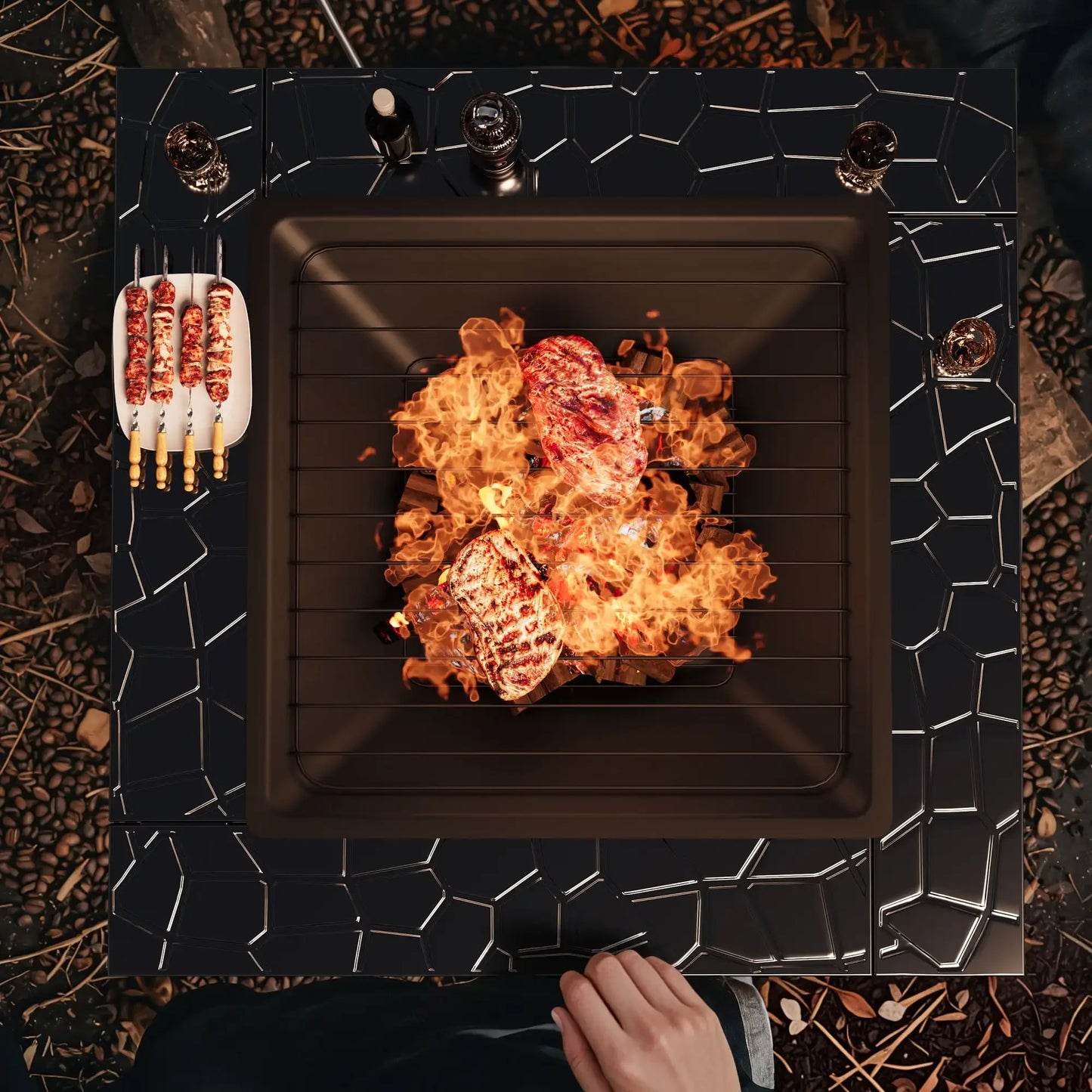 32 Inch Fire Pit Table Patio Ice Storage Mesh Lid Black