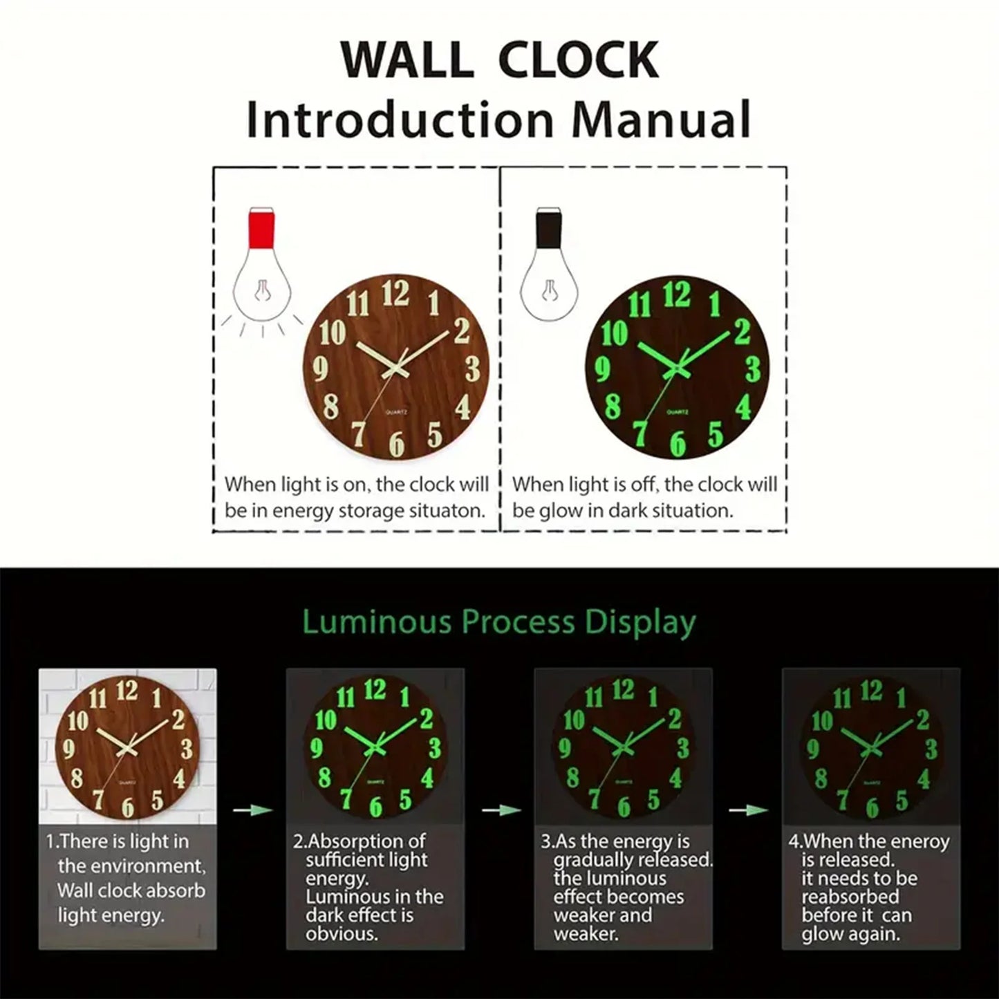 12 Inch Wooden Luminous Wall Clock Silent Non Ticking Analog Clock for Living Room Bedroom Office Decor