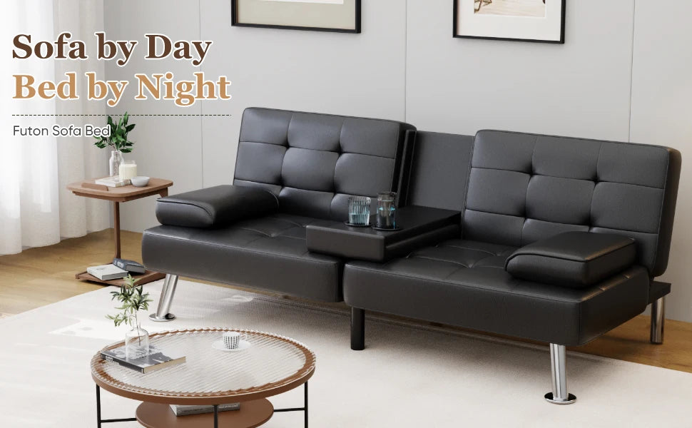 Folding Futon Sofa Bed For Living Room Faux Leather Upholstered Loveseat