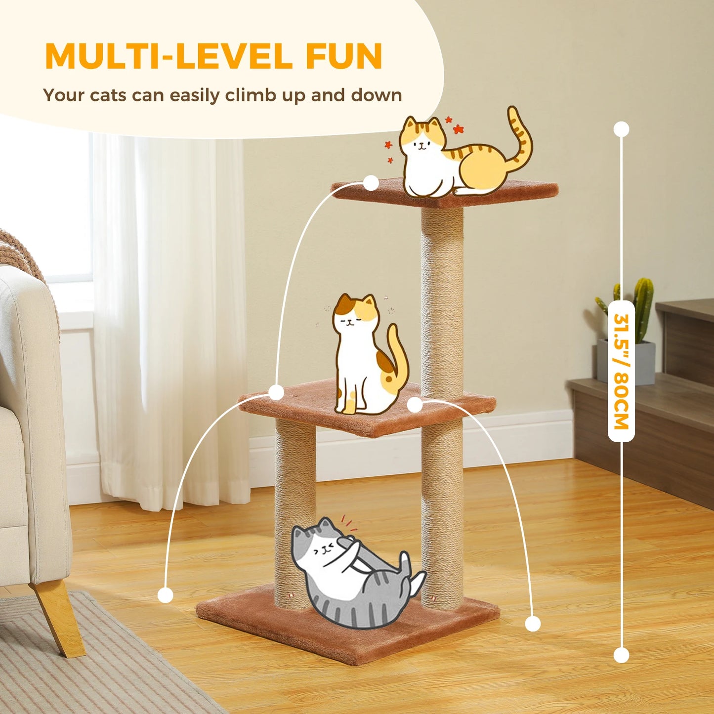PAWZ Road Cat Tree Indoor 3 Tier Activity Tower With Scratching Posts Grey