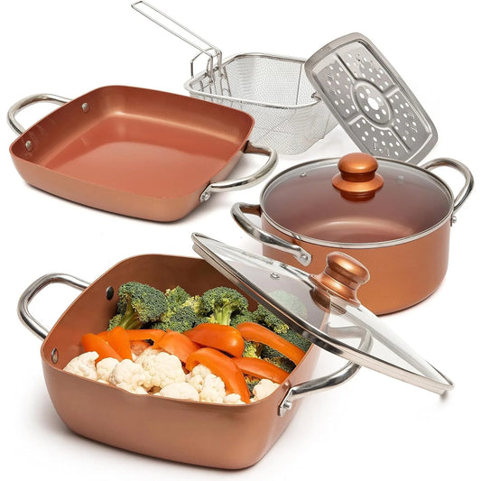 7 Piece Copper Pots and Pans Set Non Stick Copper Chef Cookware Square Pans Round Pot and Fry Basket