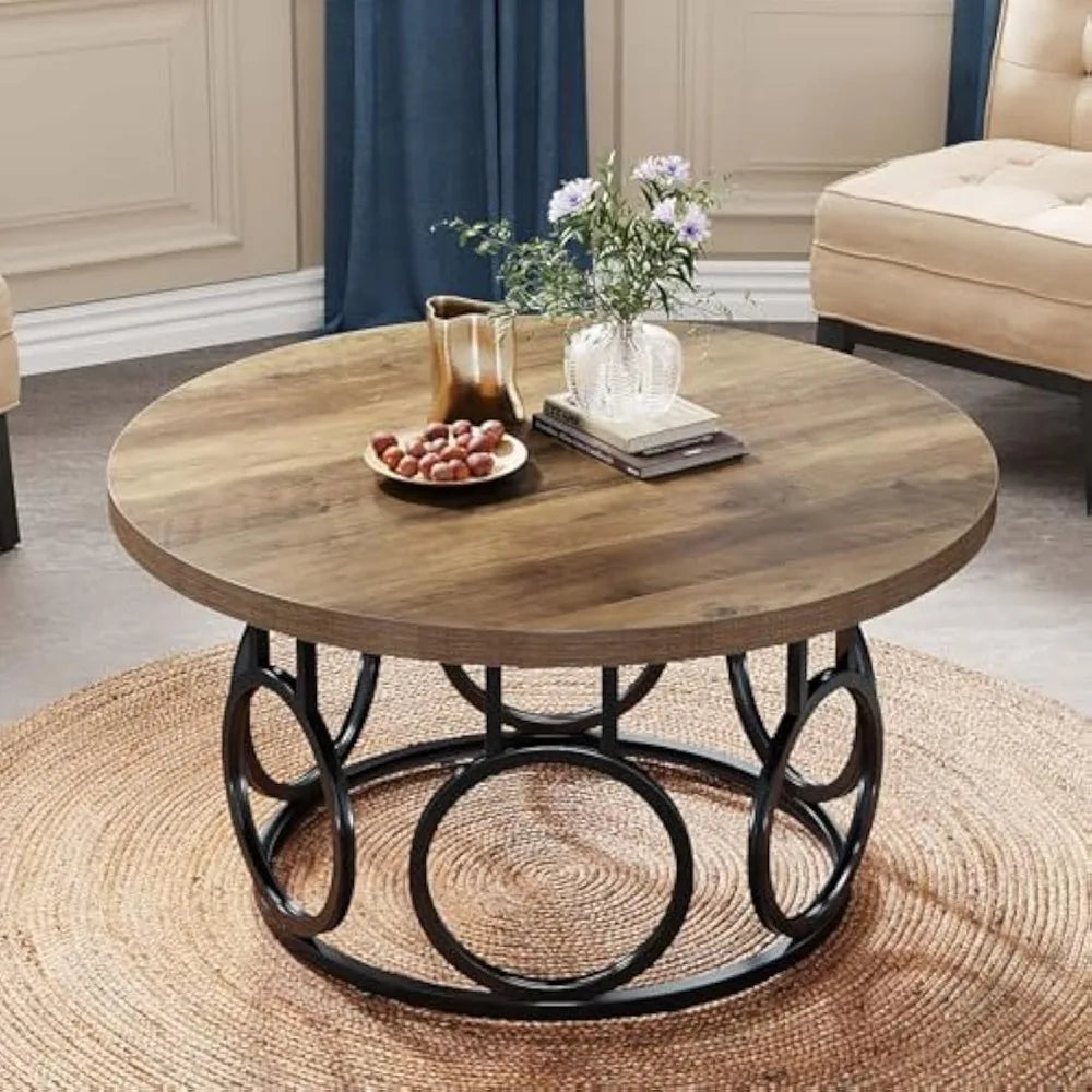 31.5 Inch Round Coffee Table Metal Base Rustic Modern Wood
