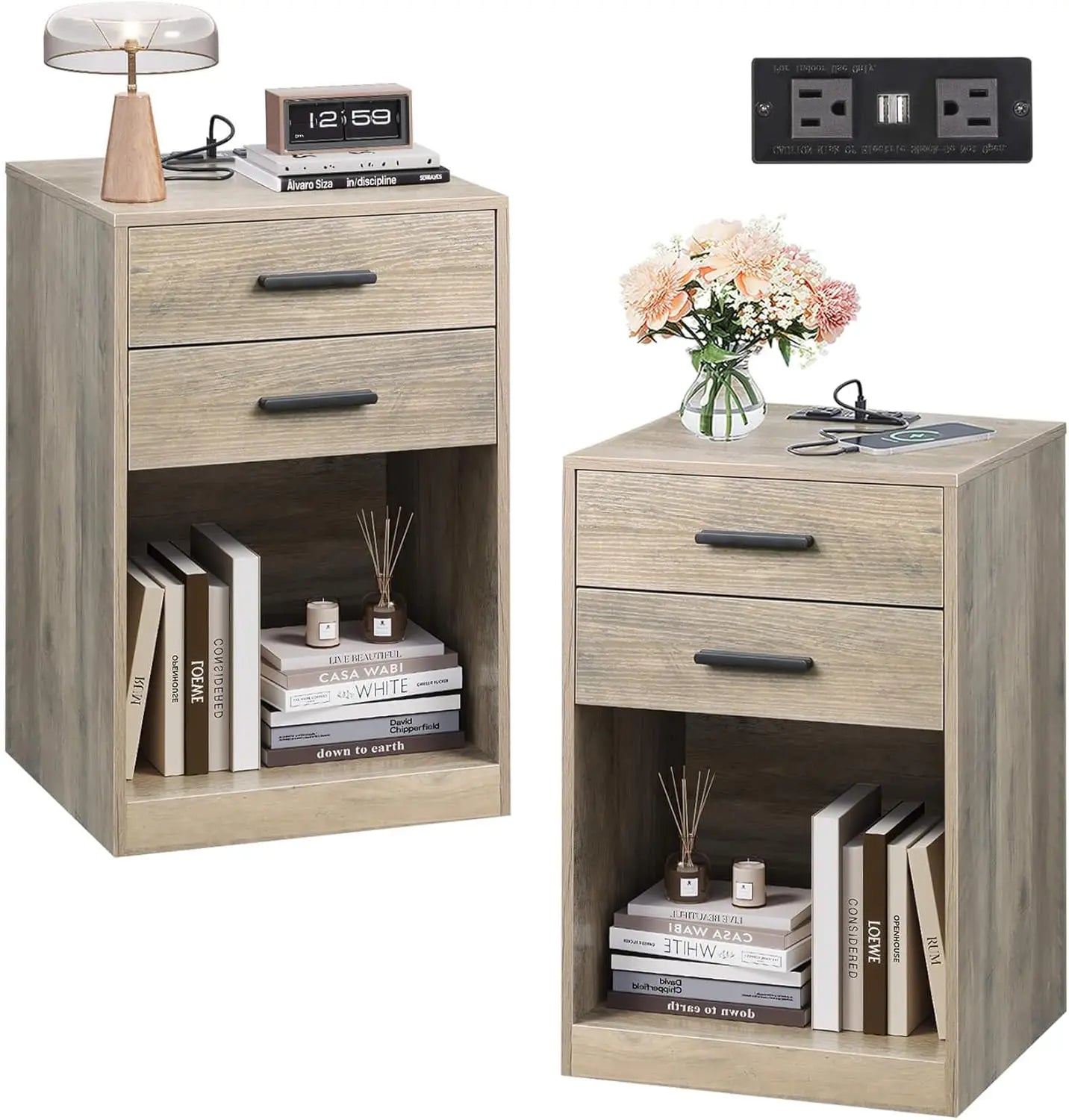 Nightstand Set Of 2 With Charging Station Two Drawers