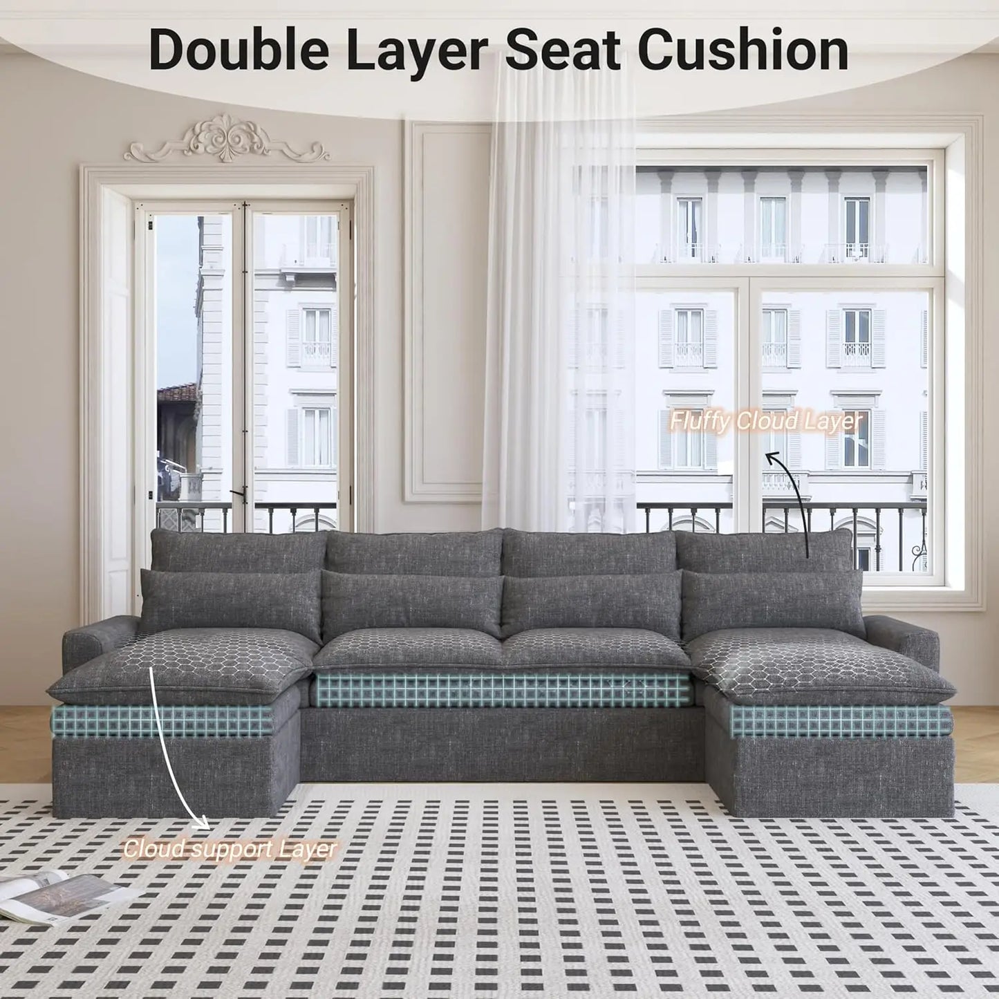 122 Inch U Shaped Modular Sectional Sofa With Movable Ottoman And Covers