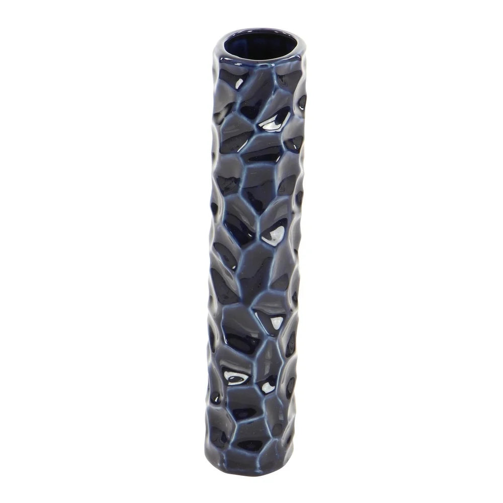 Set of 3 Dark Blue Ceramic Vases Tall Round Cylinder Design Geometric Pattern Stoneware Home Decor Accent Pieces