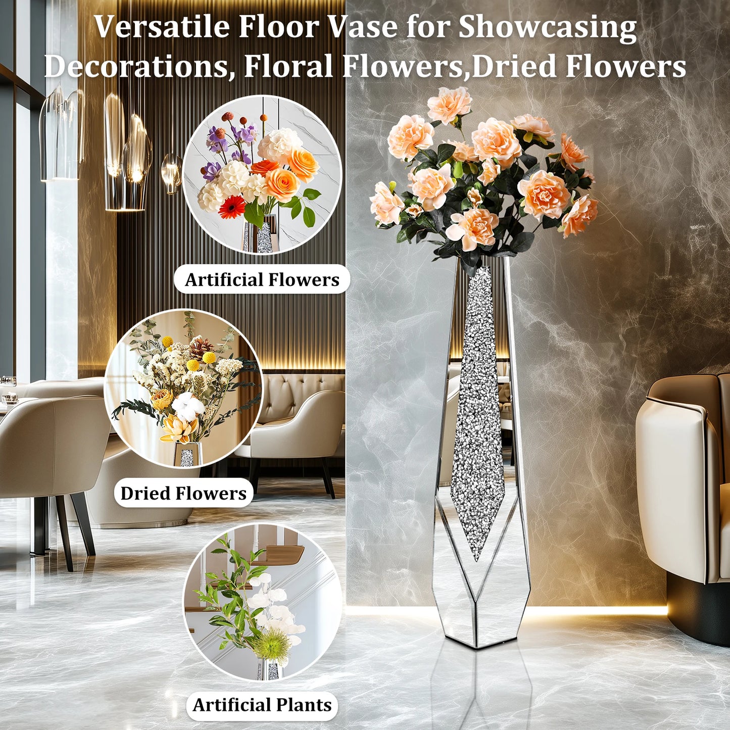 Tall Floor Mirror Vase Large Crushed Diamond Glass Vase for Home Decor Modern Crystal Centerpiece for Living Room Wedding Hotel