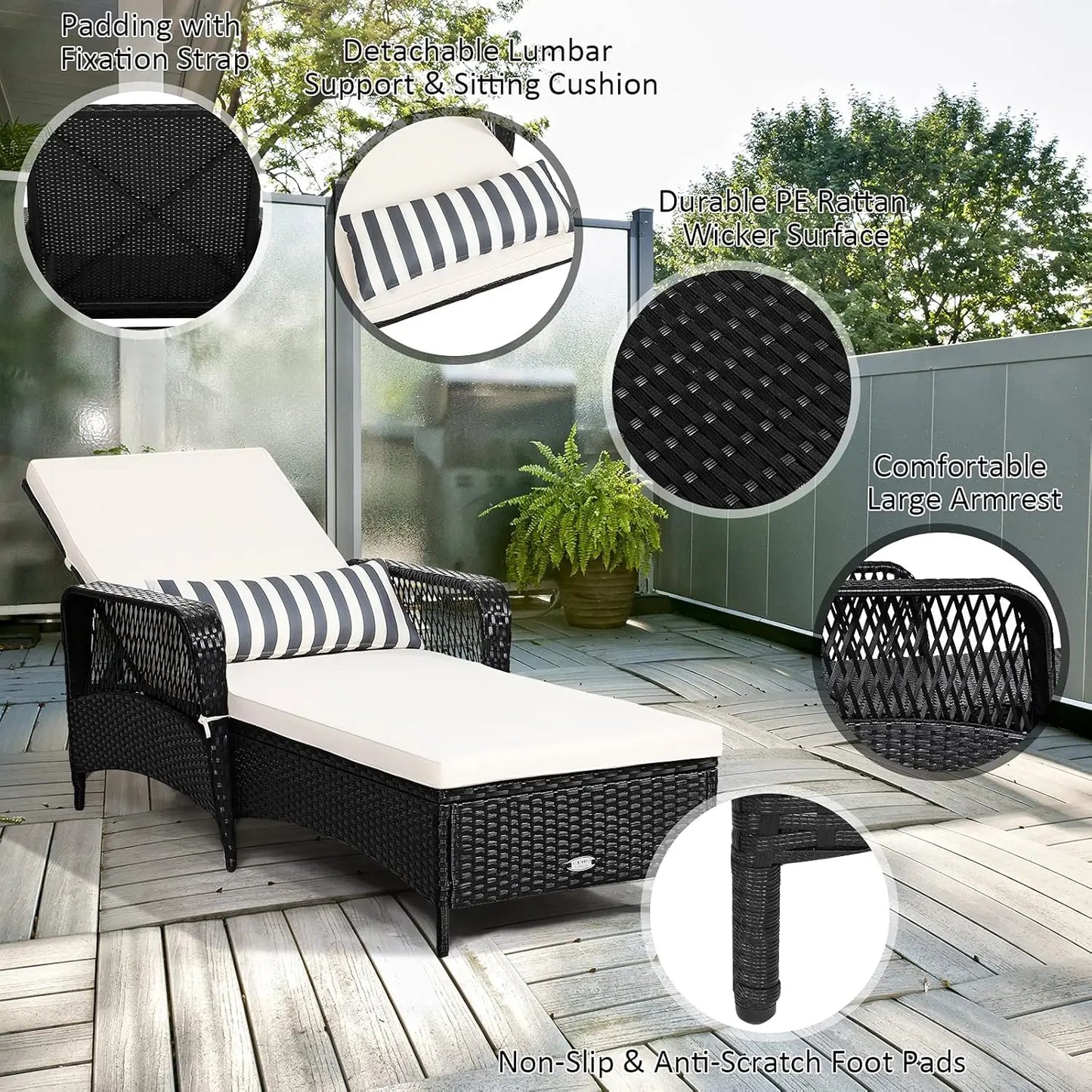 Wicker Chaise Lounge Outdoor Rattan With Adjustable Backrest Cushioned Pad