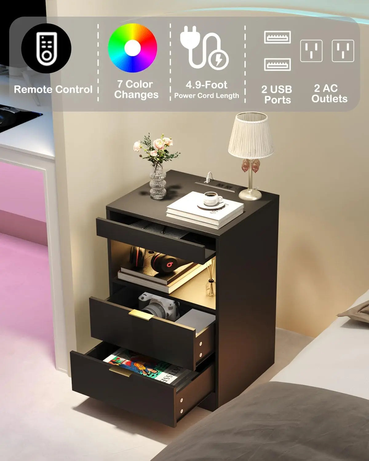 LED Nightstand With Charging Station 3 Drawers End Table