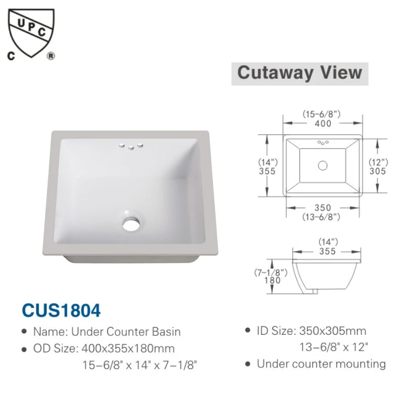 Undermount Rectangular Bathroom Sink 13.78 X 12 Inches