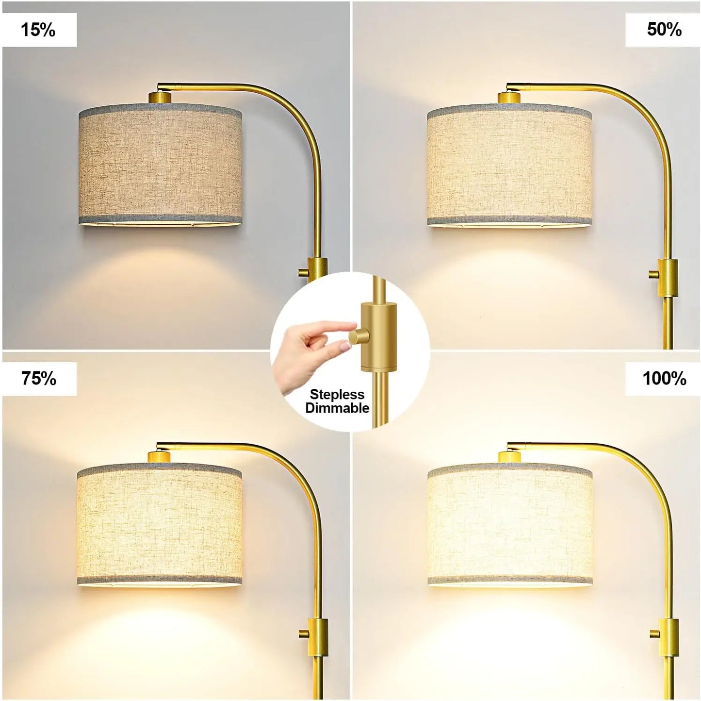 Modern Arc Dimmable Floor Lamp Linen Shade Gold Finish 1200 Lumens LED Bulb
