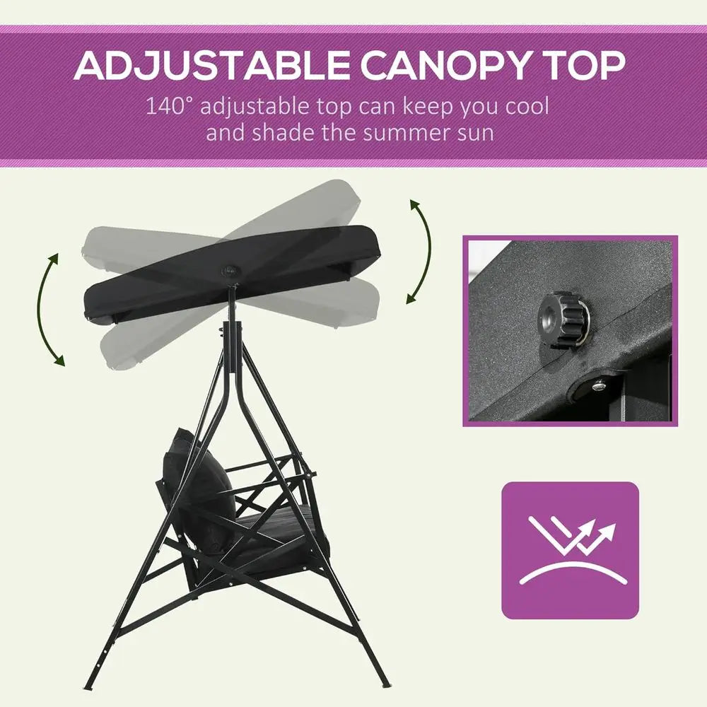 3 Seat Patio Swing with Cushions and Pillows Adjustable Glider Black