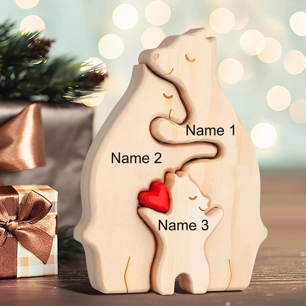 Personalized Custom Bear Family Wooden Puzzle DIY Free Engraving Name Sculpture Home Desk Decor Figurines Christmas Birthday Gift