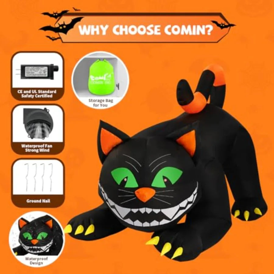 6 Ft Halloween Black Cat Inflatable With Moving Head LEDs