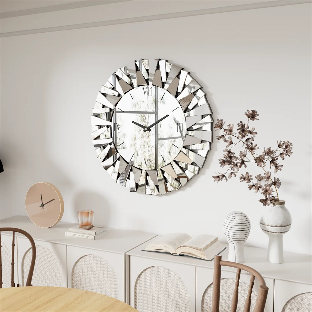 Large Wall Clock 3D Mirrored Sunburst Edge 32 Inch Round Roman Numeral Modern Living Room Dining Room Decor