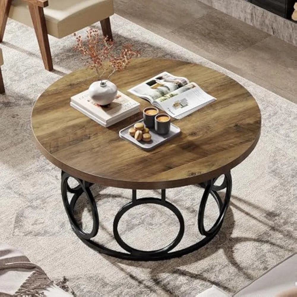 31.5 Inch Round Coffee Table Metal Base Rustic Modern Wood