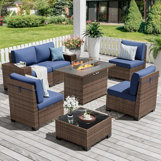 Outdoor Modular Sofa With Fireplace Table Patio Furniture Set Waterproof Cover