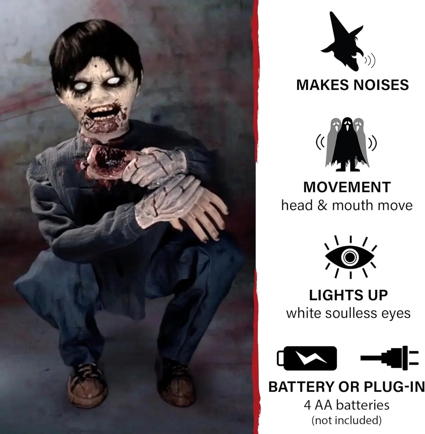 Crouching Limb Eater Zombie Boy Halloween Animatronics Motion Activated Indoor Outdoor Display