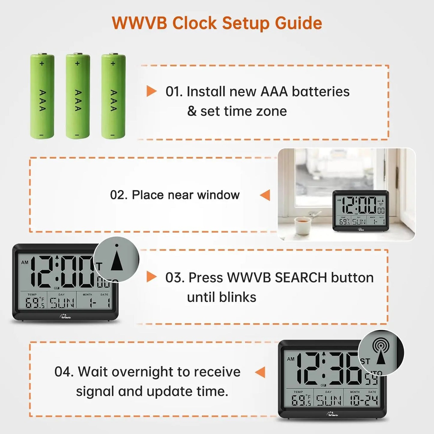Atomic Digital Wall Clock With AutoSet Time Large Display Temp 4 Time Zones DST