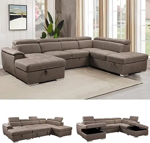 Thsuper 127 Inch Microfiber U Shaped Sectional Sleeper Sofa With Pullout Bed