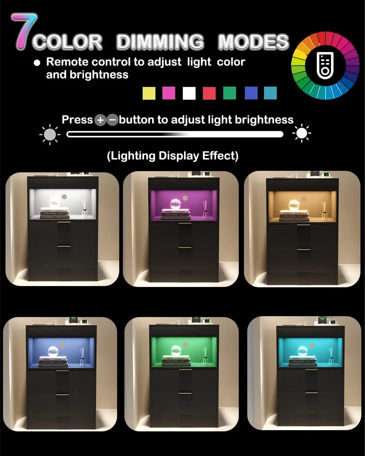 LED Nightstand With Charging Station 3 Drawers End Table