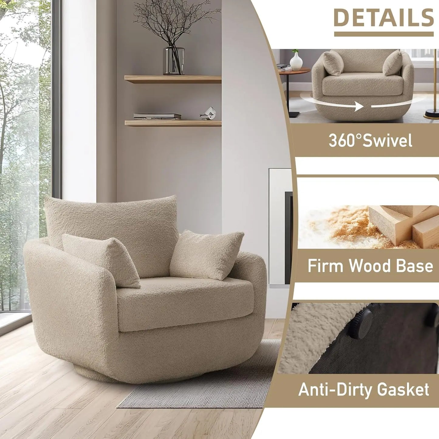 360 Degree Swivel Armchair Oversized Sherpa Boucle With Removable Back Pillows