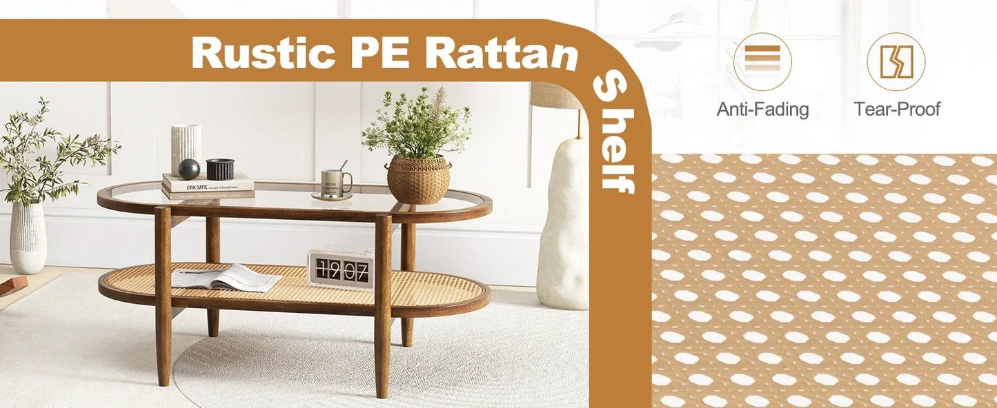 Rattan Coffee Table 2 Tier Acacia Wood With Glass Top Shelf