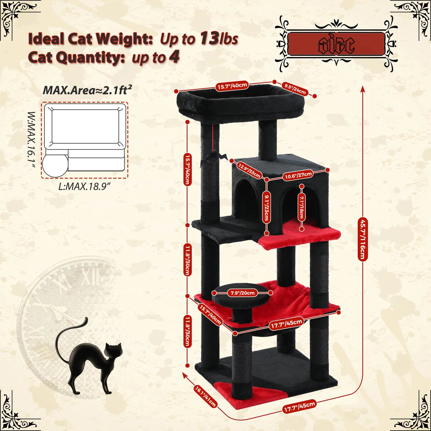 Gothic Cat Tree Tower for Indoor Cats Five Levels with Cozy Condo and Hammock