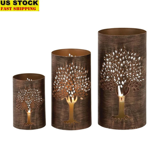 Copper Tree Lantern Set 3 Metal Holders for Pillar Candles