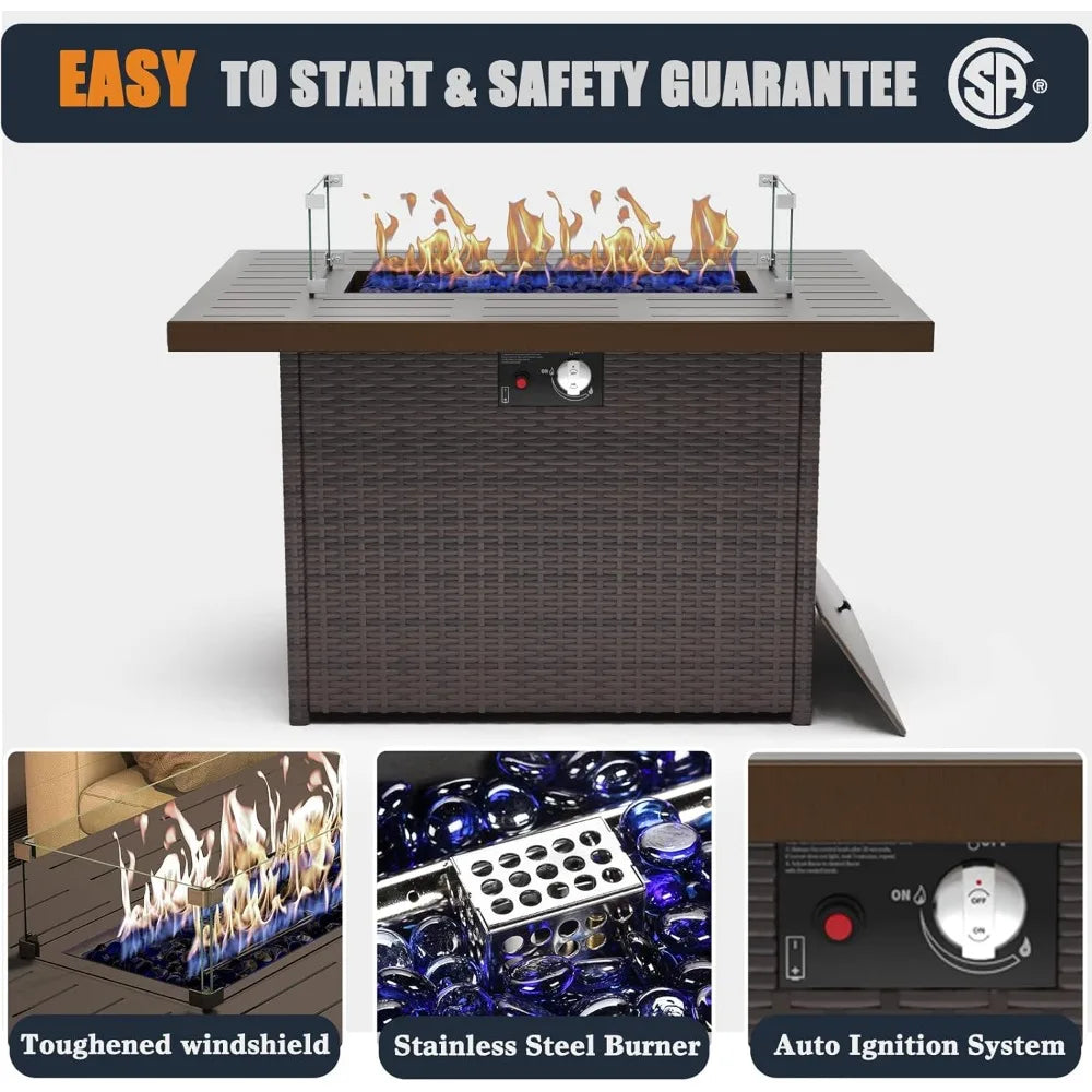 44 Inch Propane Gas Fire Pit Table Outdoor Patio 60000 BTU Rectangular Wicker