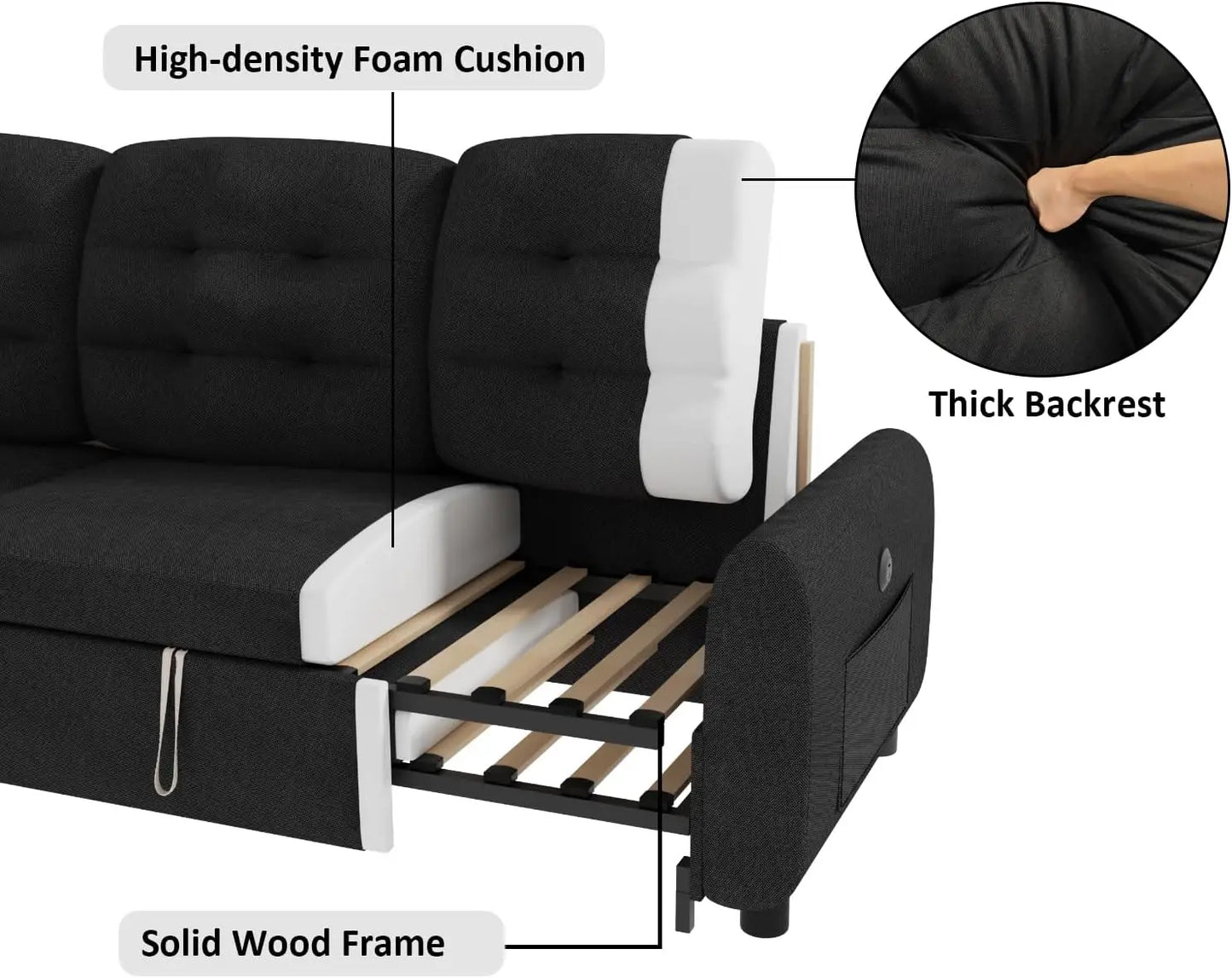 87 Inch Sleeper Sectional Sofa Bed With Storage Chaise