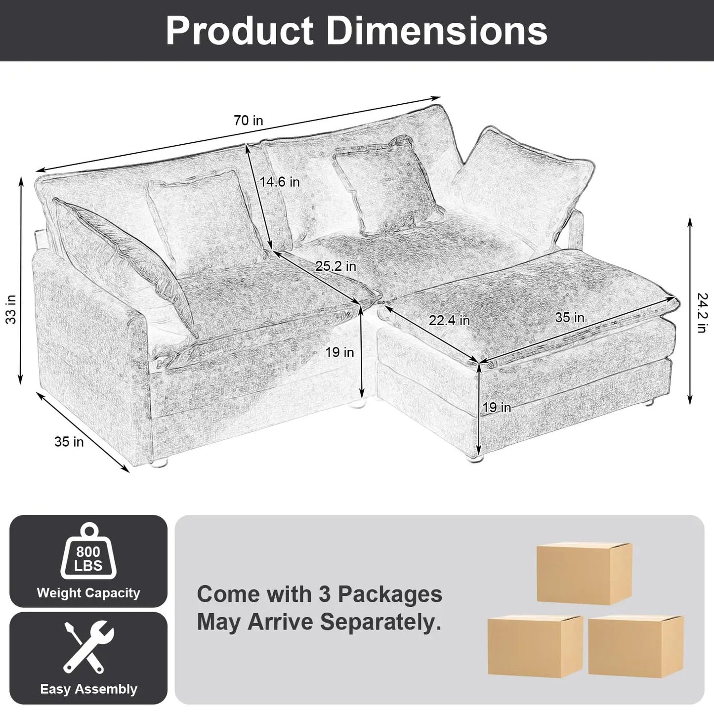 70 Inch Modular Sectional Sofa Modern L Shaped Cloud Couch 3 Seater With Ottoman