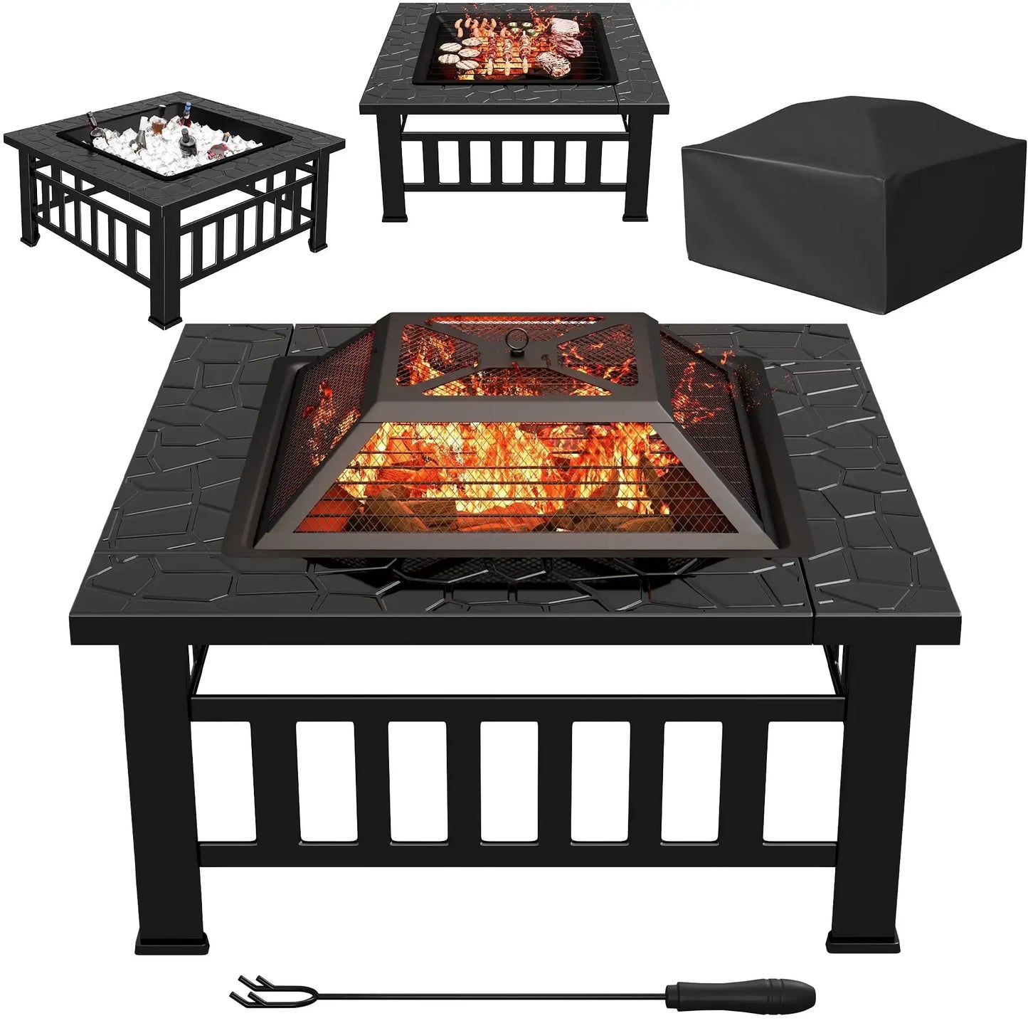 32 Inch Fire Pit Table Patio Ice Storage Mesh Lid Black