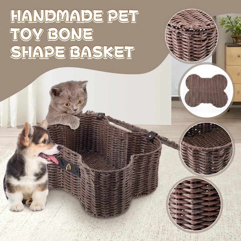 2 Set Large Small Dog Toy Basket Lid Bone Shaped Wicker