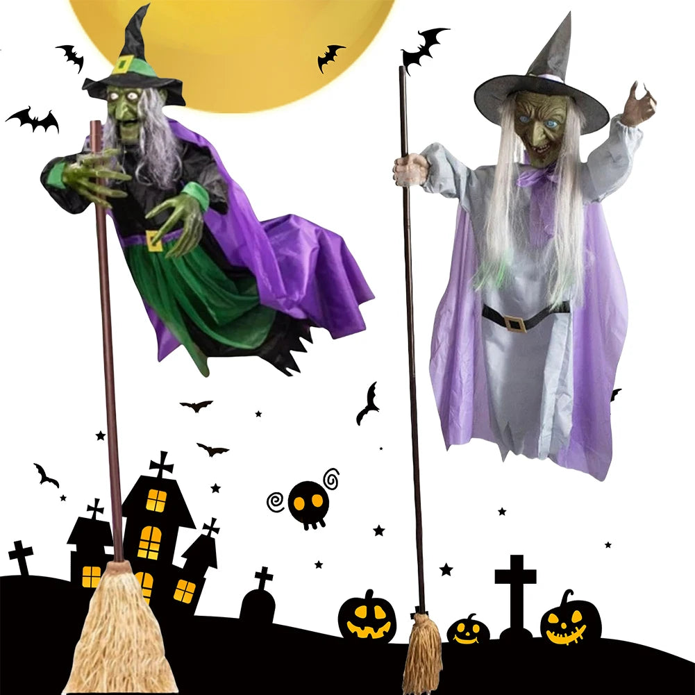 Halloween Animatronic Flying Witch On Broom Luminous Eyes