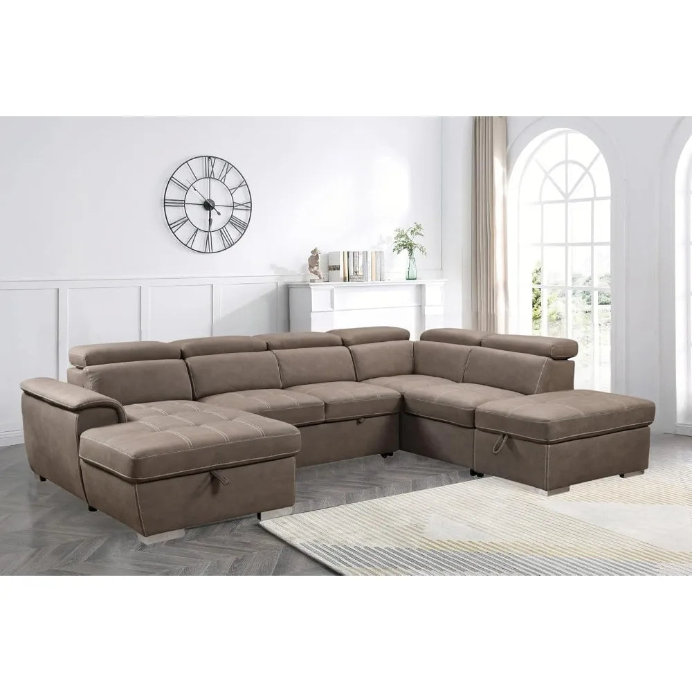 Thsuper 127 Inch Microfiber U Shaped Sectional Sleeper Sofa With Pullout Bed