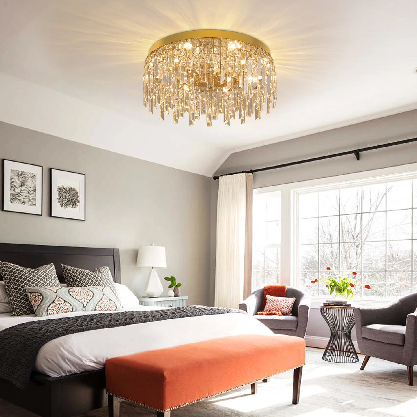 Modern Crystal Luxury Ceiling Lamp LED Chandelier Nordic Home Decor Flush Mount Light Fixture for Dining Living Room Bedroom Hotel