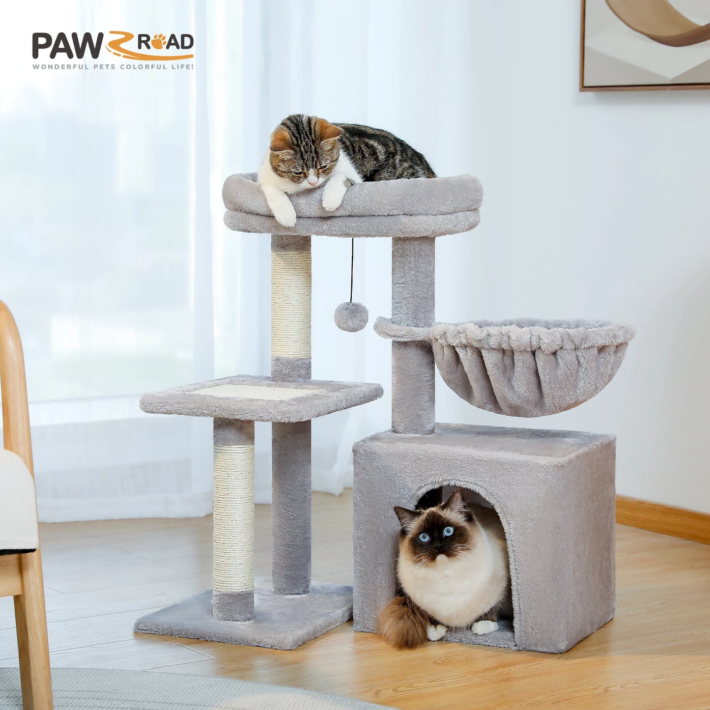 PAWZ Road Cat Tree Indoor 3 Tier Activity Tower With Scratching Posts Grey