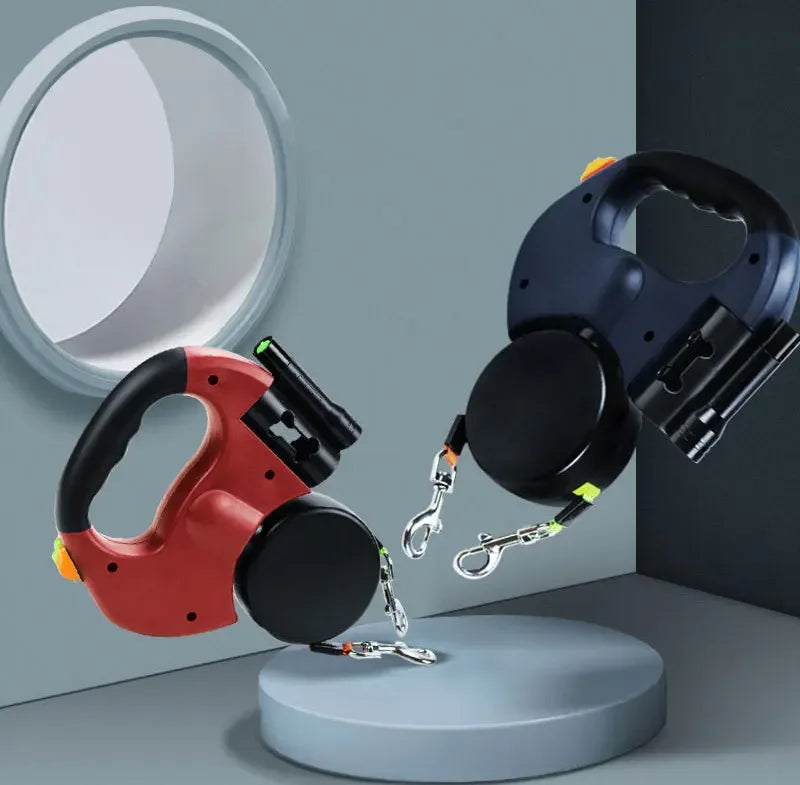 3In1 Double Head Retractable Dog Leash With Flashlight Poop Bag Dispenser
